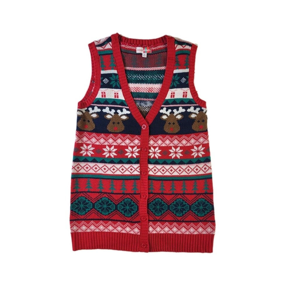 Merry Wear Christmas Vest Red Button-Up Reindeer Snowflakes Holiday Women Medium